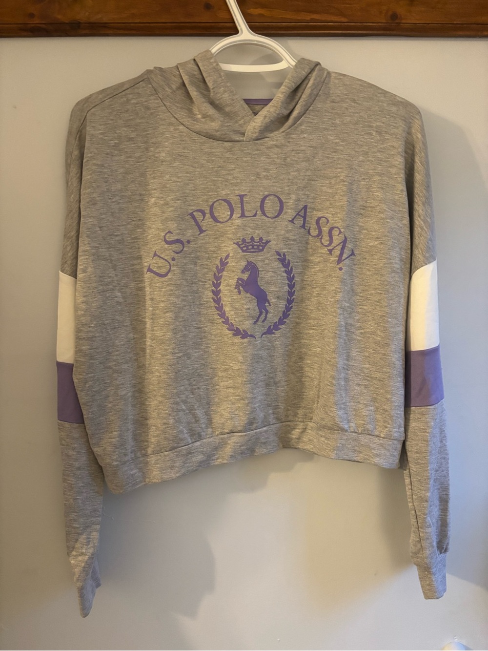 U.S. Polo Assn. Gray and Lavender Logo Cropped Hoodie